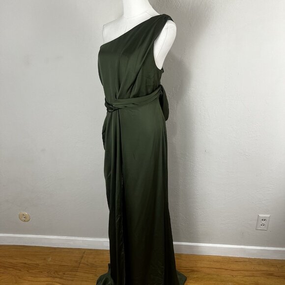 Dessy Collection Size 22 W Whisper Satin One Shoulder Drape Gown Olive Green NWT - Picture 3 of 10